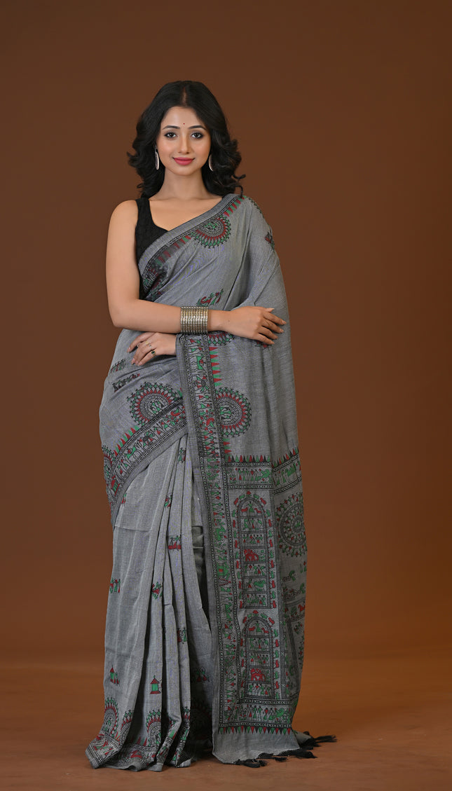 Khadi Madhubani Print Saree