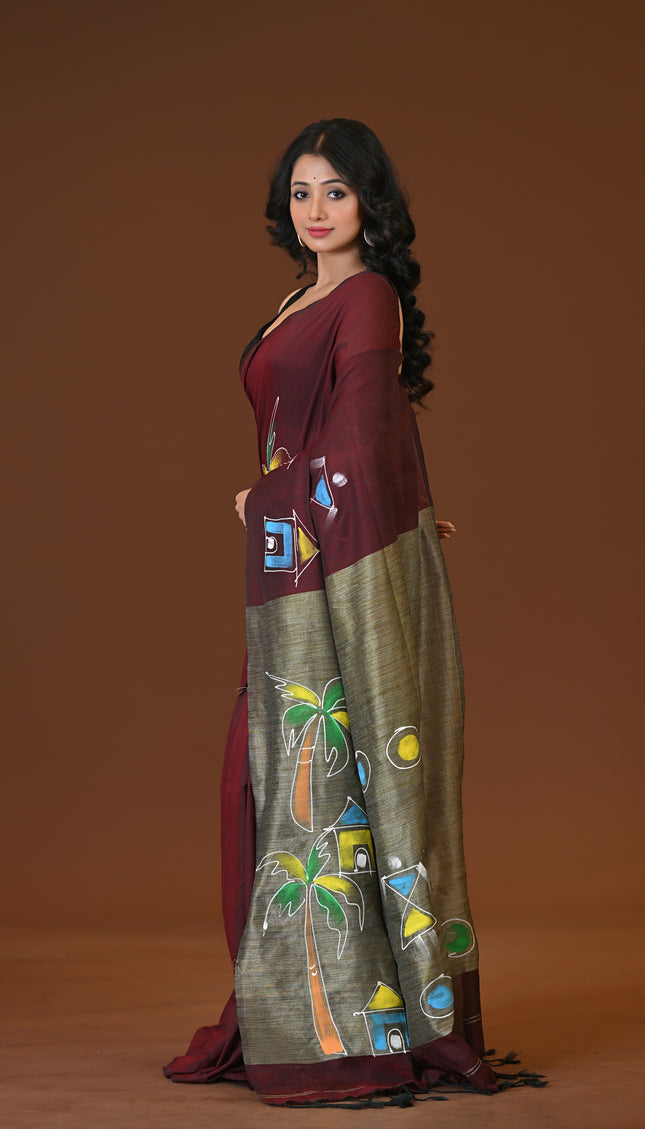 Maroon Khadi Ghor-Bari Saree Hand Painted Pallu Folk Art