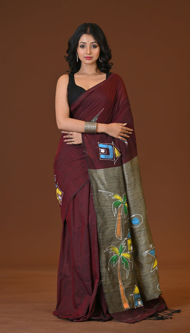 Maroon Khadi Ghor-Bari Saree Hand Painted Pallu Folk Art