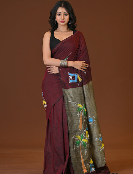 Maroon Khadi Ghor-Bari Saree Hand Painted Pallu Folk Art