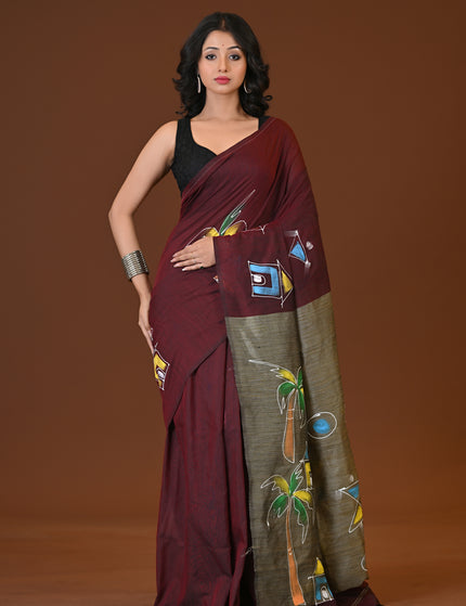 Maroon Khadi Ghor-Bari Saree Hand Painted Pallu Folk Art