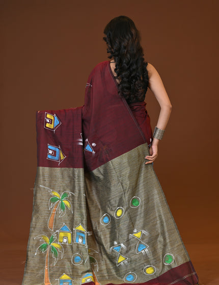 Maroon Khadi Ghor-Bari Saree Hand Painted Pallu Folk Art