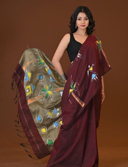 Maroon Khadi Ghor-Bari Saree Hand Painted Pallu Folk Art