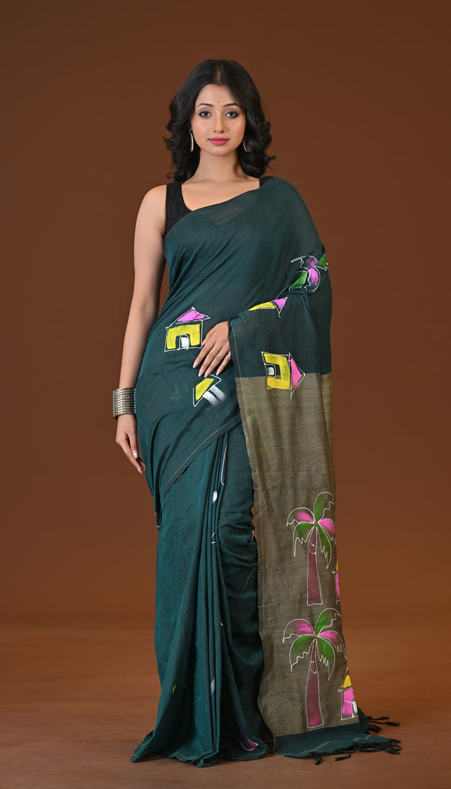 Green Khadi Ghor-Bari Saree Hand Painted Pallu Folk Art