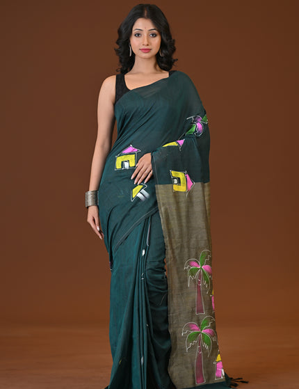 Green Khadi Ghor-Bari Saree Hand Painted Pallu Folk Art