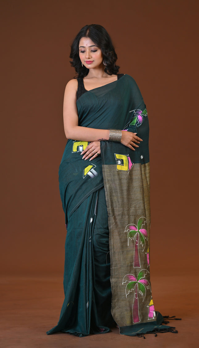 Green Khadi Ghor-Bari Saree Hand Painted Pallu Folk Art