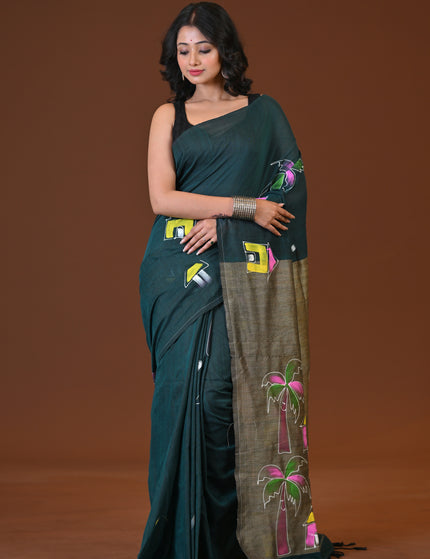Green Khadi Ghor-Bari Saree Hand Painted Pallu Folk Art