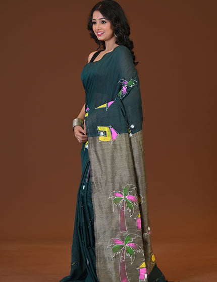 Green Khadi Ghor-Bari Saree Hand Painted Pallu Folk Art