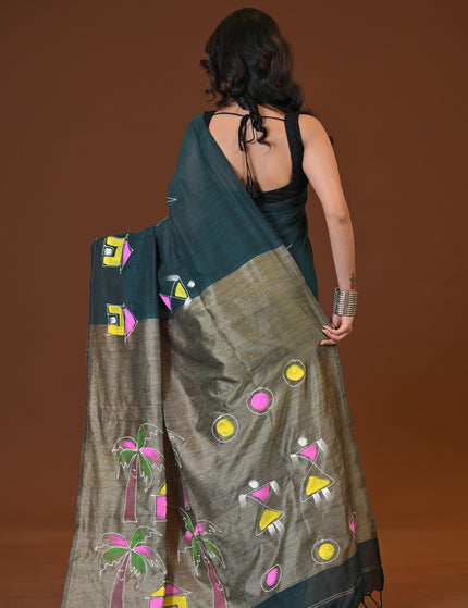 Green Khadi Ghor-Bari Saree Hand Painted Pallu Folk Art
