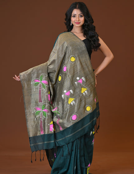 Green Khadi Ghor-Bari Saree Hand Painted Pallu Folk Art
