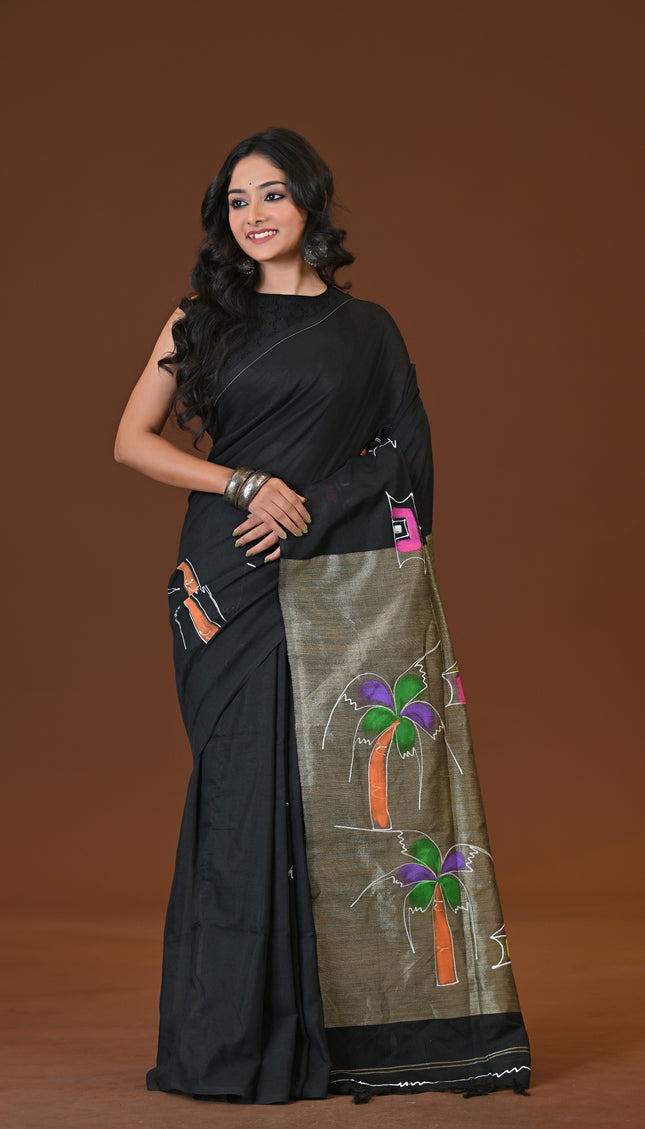 Black Khadi Ghor-Bari Saree Hand Painted Pallu Folk Art
