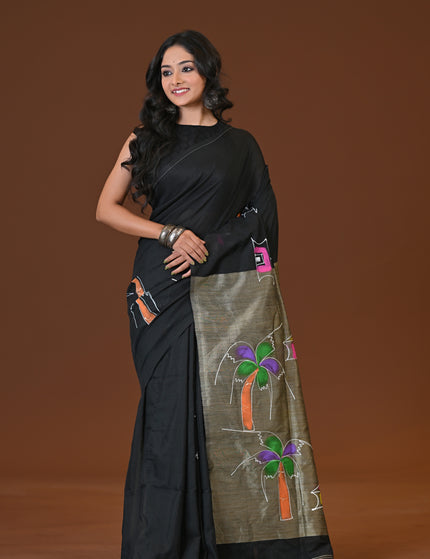 Black Khadi Ghor-Bari Saree Hand Painted Pallu Folk Art