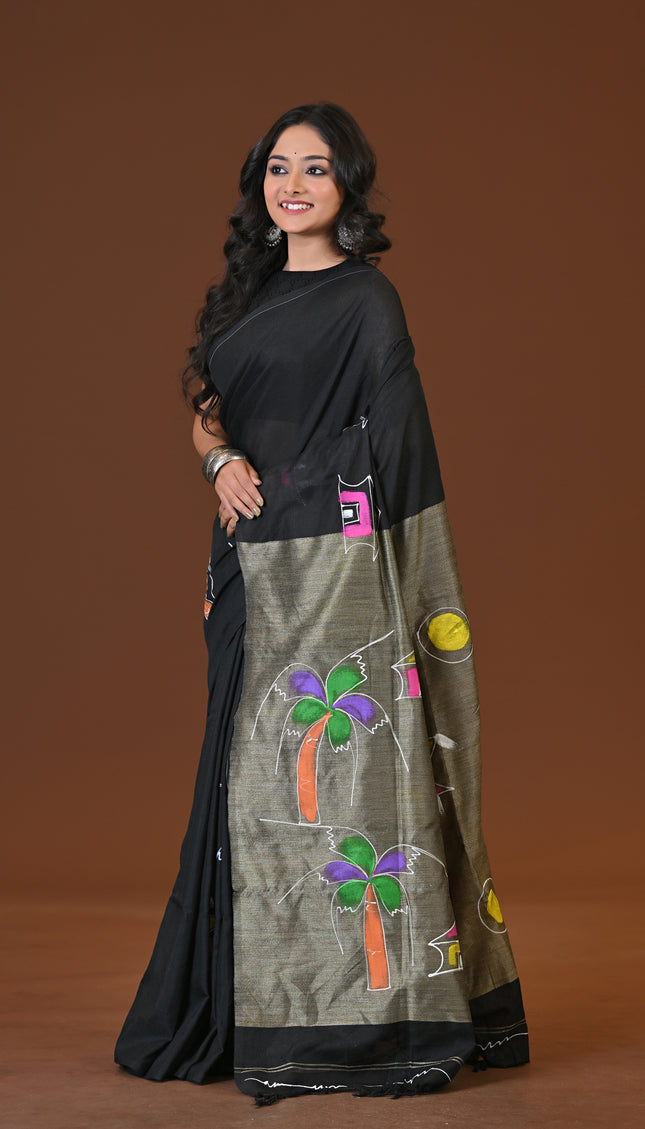 Black Khadi Ghor-Bari Saree Hand Painted Pallu Folk Art