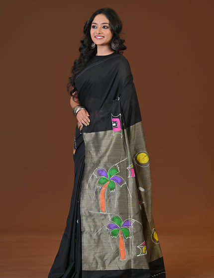 Black Khadi Ghor-Bari Saree Hand Painted Pallu Folk Art