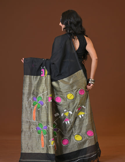 Black Khadi Ghor-Bari Saree Hand Painted Pallu Folk Art