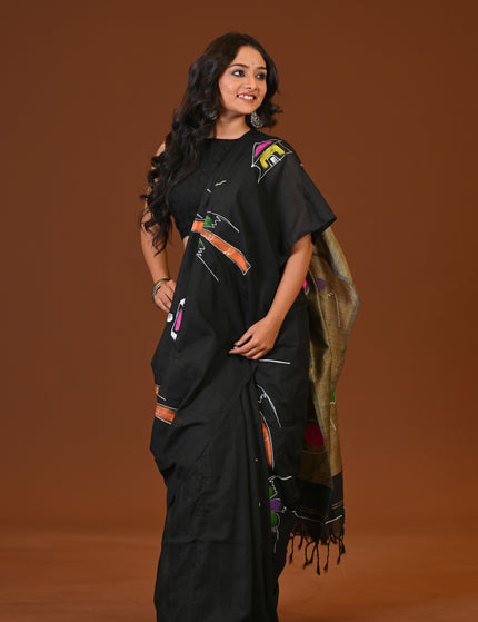 Black Khadi Ghor-Bari Saree Hand Painted Pallu Folk Art