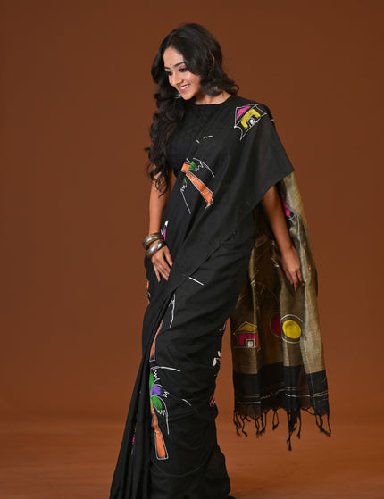 Black Khadi Ghor-Bari Saree Hand Painted Pallu Folk Art