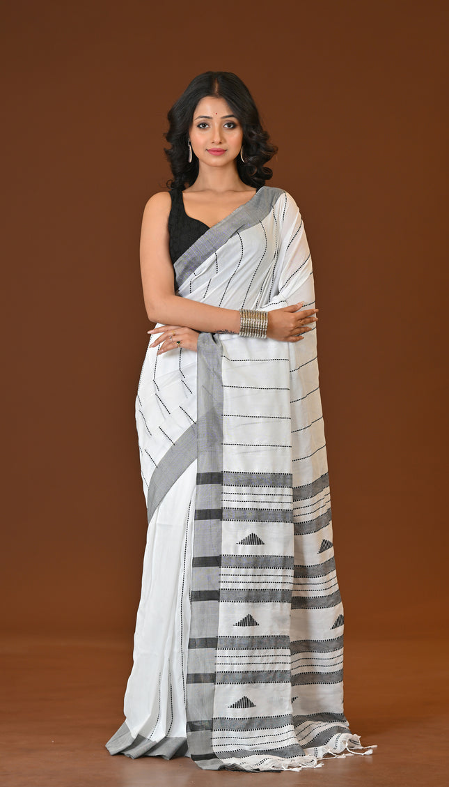 Manipuri Style Khadi Cotton Saree | White & Black