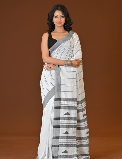 Manipuri Style Khadi Cotton Saree | White & Black