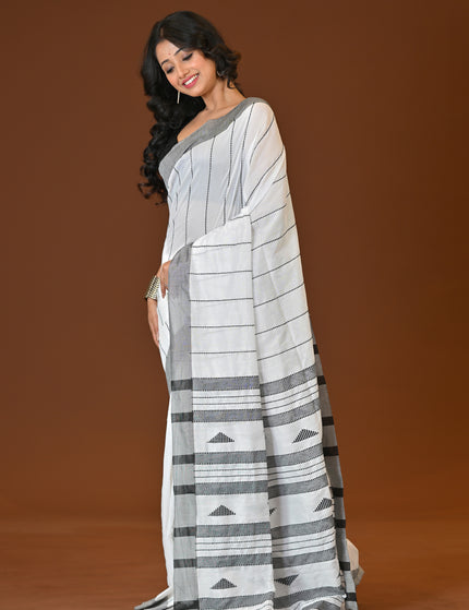 Manipuri Style Khadi Cotton Saree | White & Black