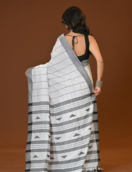 Manipuri Style Khadi Cotton Saree | White & Black