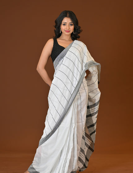 Manipuri Style Khadi Cotton Saree | White & Black