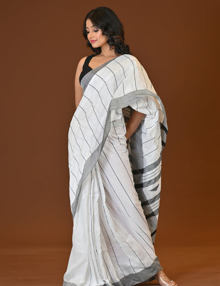 Manipuri Style Khadi Cotton Saree | White & Black