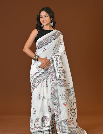 White Khadi Tree Print Daily Wear Saree