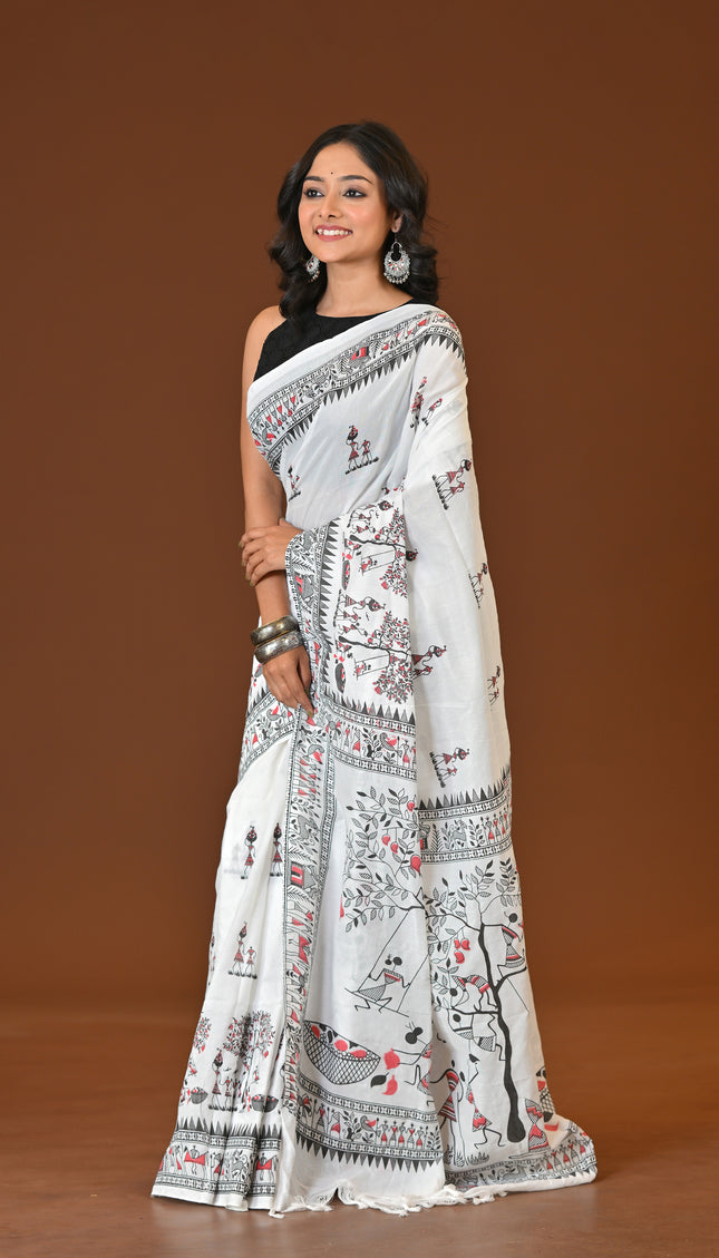 White Khadi Tree Print Daily Wear Saree