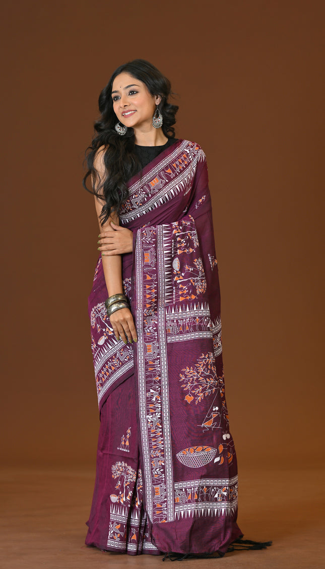 Khadi Tree Print Daily Wear Purple Saree