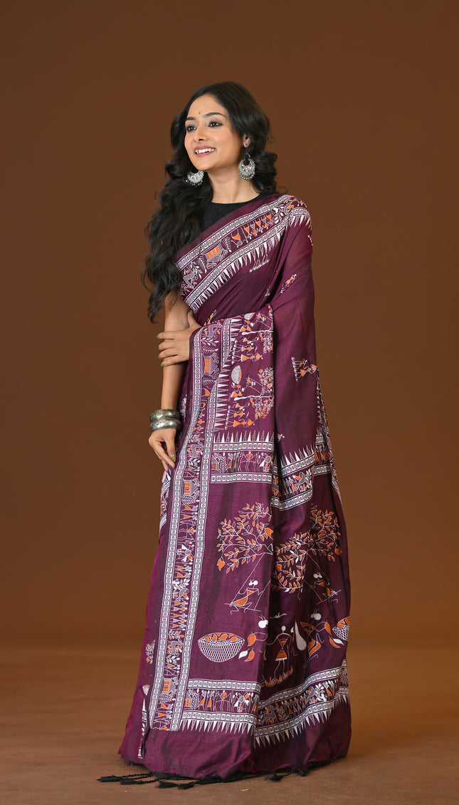 Khadi Tree Print Daily Wear Purple Saree