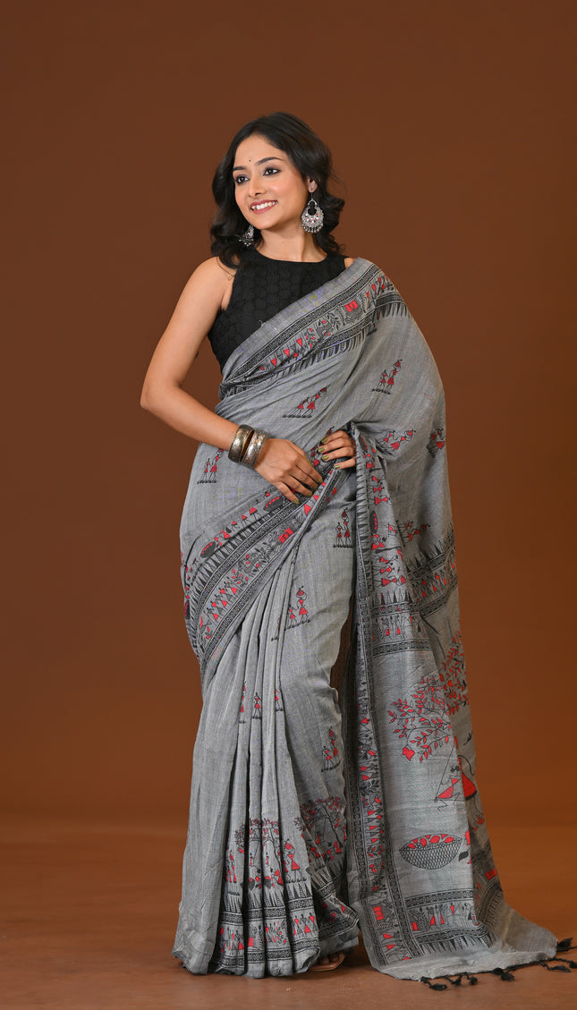 Khadi Tree Print Daily Wear Grey Saree