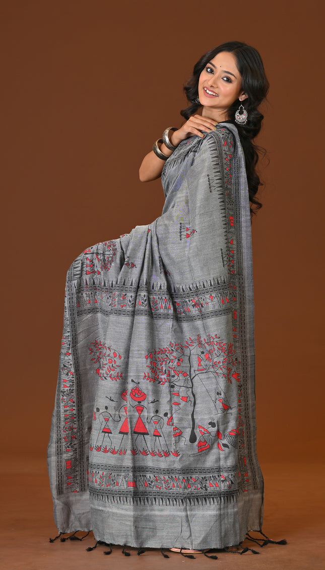 Khadi Tree Print Daily Wear Grey Saree