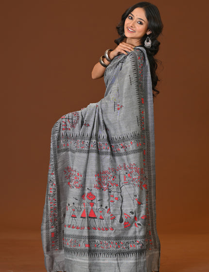 Khadi Tree Print Daily Wear Grey Saree