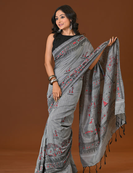 Khadi Tree Print Daily Wear Grey Saree