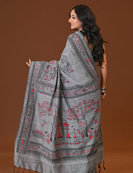 Khadi Tree Print Daily Wear Grey Saree