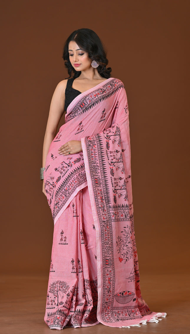 Khadi Tree Print  Daily Wear Light Pink Saree