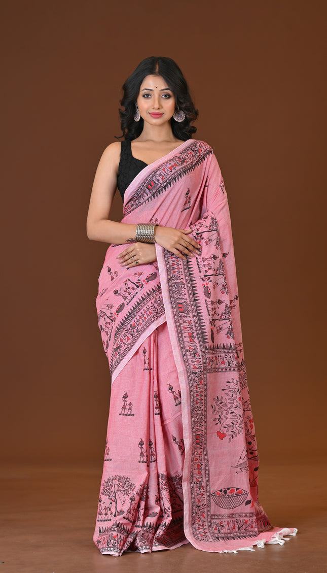 Khadi Tree Print  Daily Wear Light Pink Saree