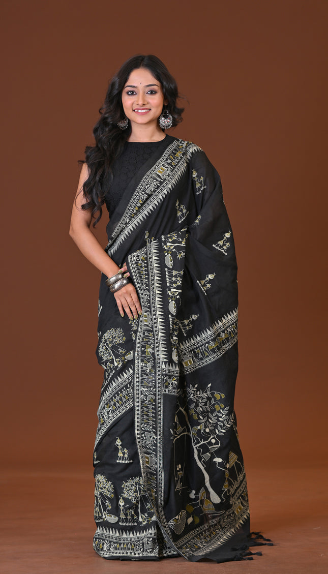 Black Khadi Tree Print Daily Wear Saree