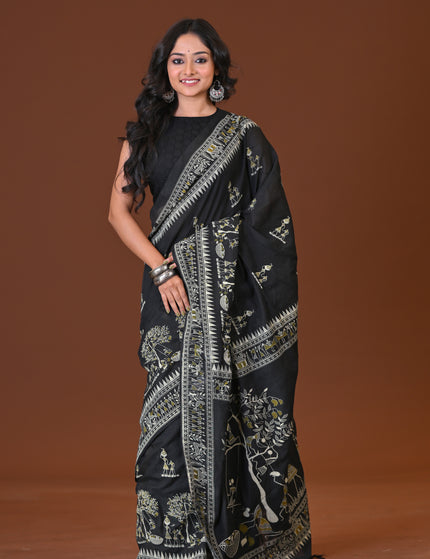 Black Khadi Tree Print Daily Wear Saree