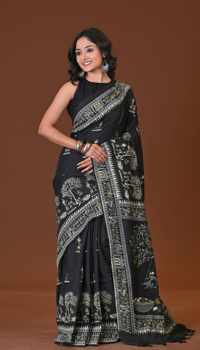 Black Khadi Tree Print Daily Wear Saree
