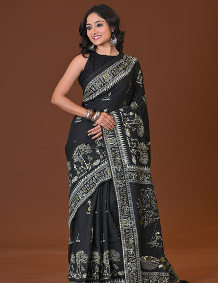 Black Khadi Tree Print Daily Wear Saree