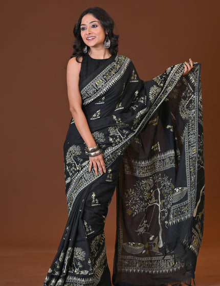 Black Khadi Tree Print Daily Wear Saree