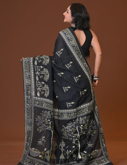 Black Khadi Tree Print Daily Wear Saree