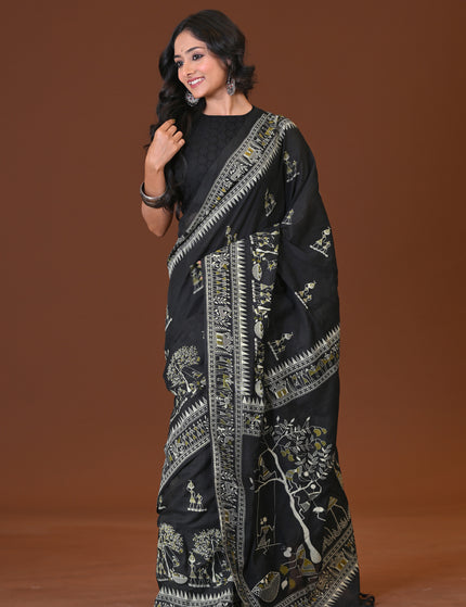 Black Khadi Tree Print Daily Wear Saree