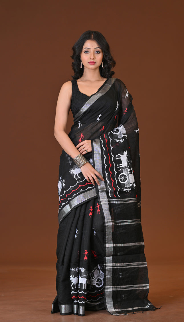Black Gorur Gari Handloom Saree With Folk Print