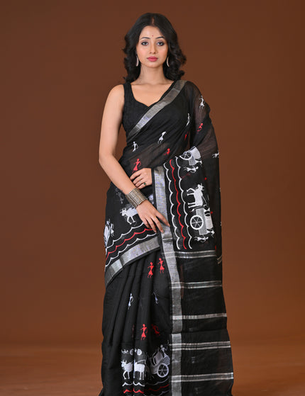 Black Gorur Gari Handloom Saree With Folk Print