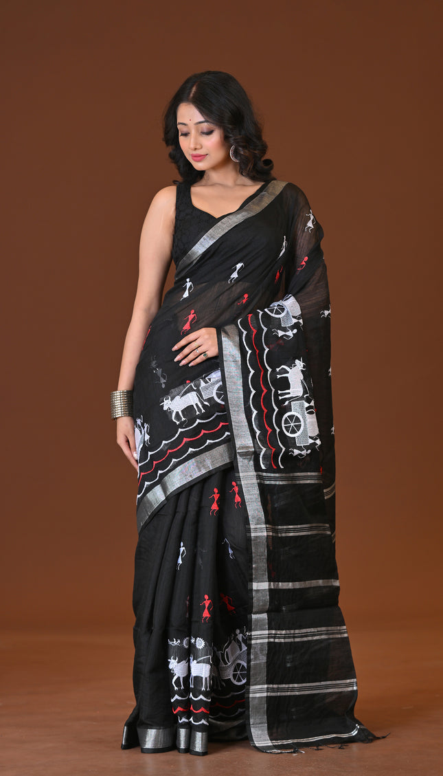 Black Gorur Gari Handloom Saree With Folk Print
