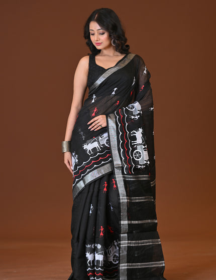 Black Gorur Gari Handloom Saree With Folk Print