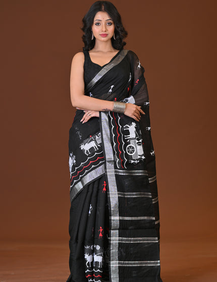 Black Gorur Gari Handloom Saree With Folk Print